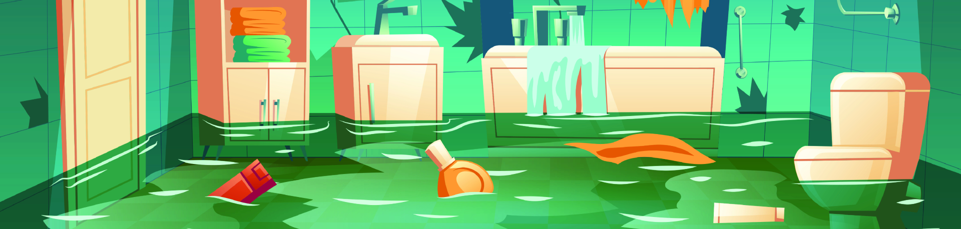 Animated graphic of a flooded bathroom due to poor plumbing.